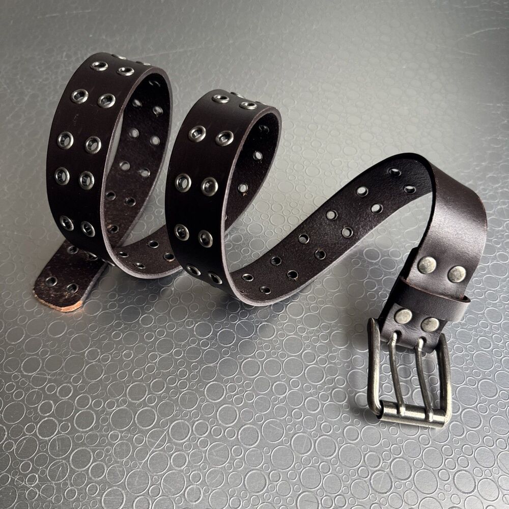 Vintage Espresso Leather Double Prong Belt Grommet Grunge Skater - Size M 34